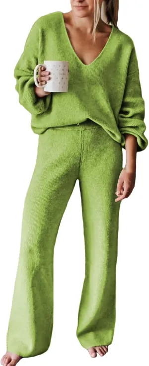 AOHITE Womens 2 Piece Outfits Casual V-neck Knit Pullover Sweater Wide Leg Pants Sleepwear Loungewear Set
