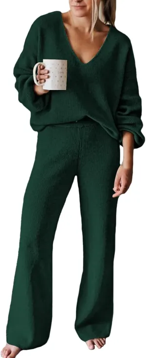 AOHITE Womens Knit Sweater Pajamas Set V-neck Pullover Tops Wide Leg Pants Sleepwear Loungewear Outfits Blackish Green Large