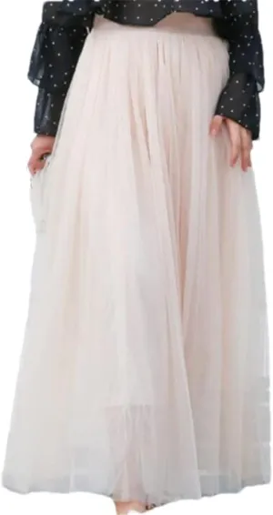 Autumn Winter Women Long Midi Skirt Ladies Elastic High Waist Tulle Mesh Pleated Skirt
