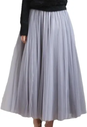 Autumn Winter Women Long Midi Skirt Ladies Elastic High Waist Tulle Mesh Pleated Skirt