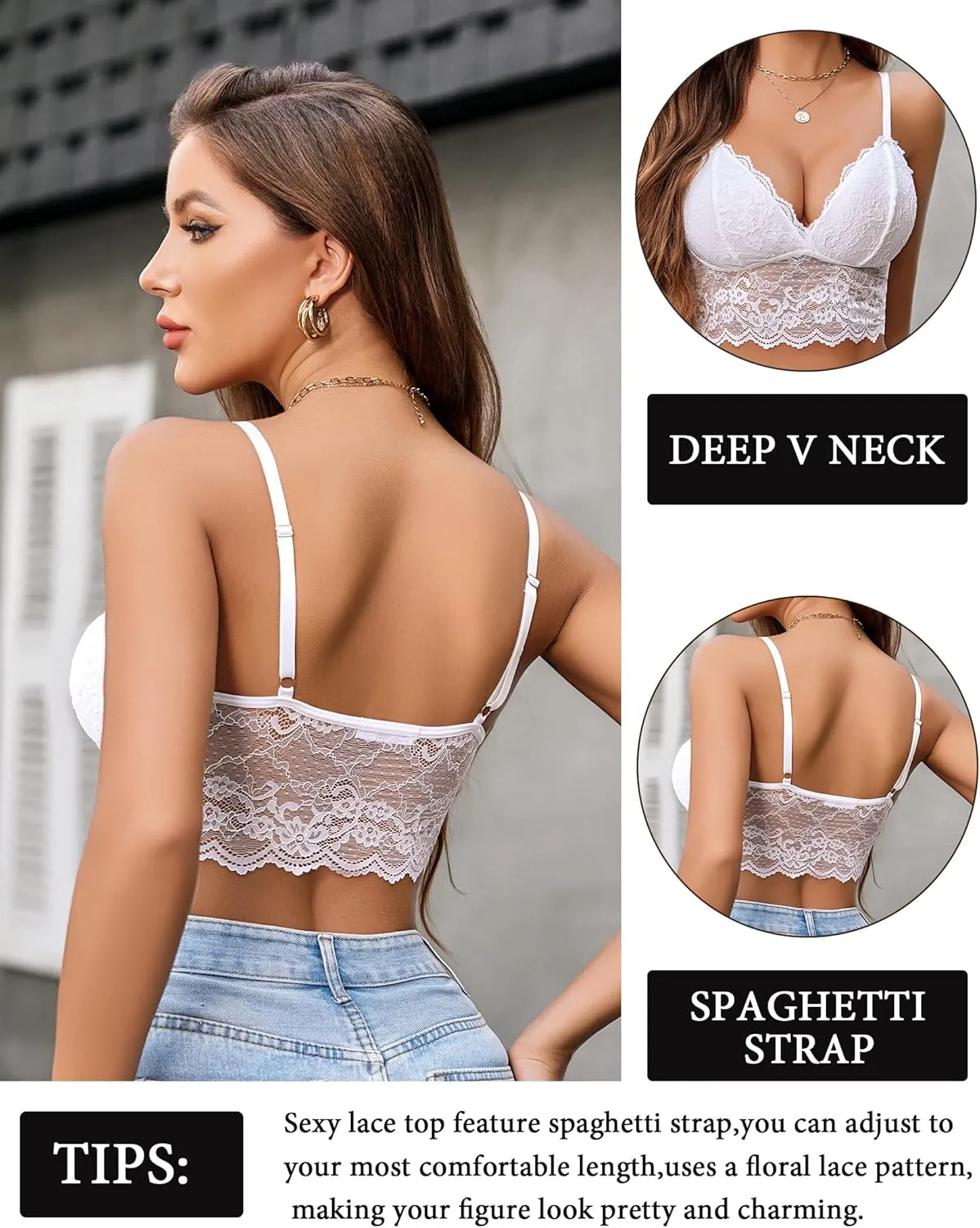 Avidlove Bralettes for Women V Neck Spaghetti Strap Bra Lace Tops Sexy Cami Crop Top Going Out Lingerie Outfits