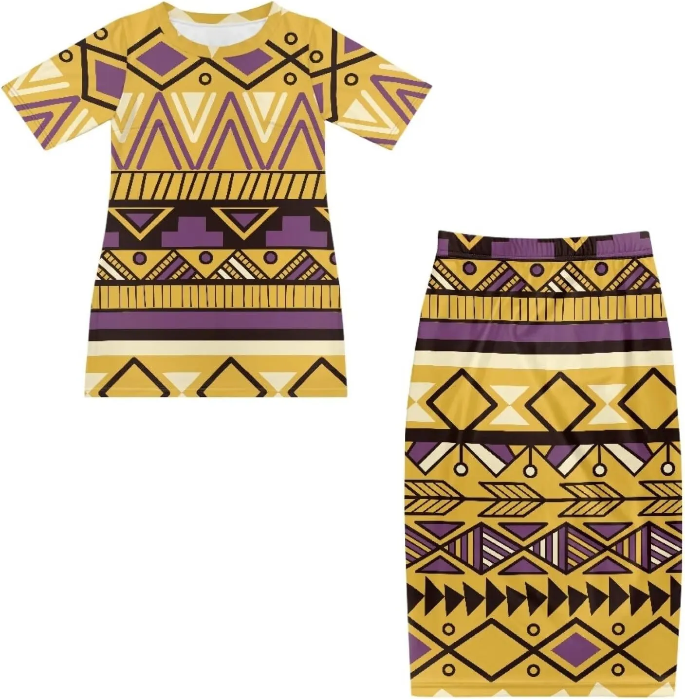 Aztec Native American High Waist Midi Skirt Set Women 2 Piece Summer Outfits Tops High Waist Midi Skirt Set
