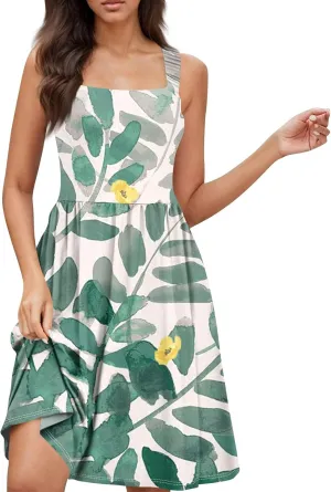 BAXLIMEK Sundresses for Women,2025 Spring Summer Trendy Floral Print Beach Dress,Square Neck Tank Flowy Ruched Boho Dress