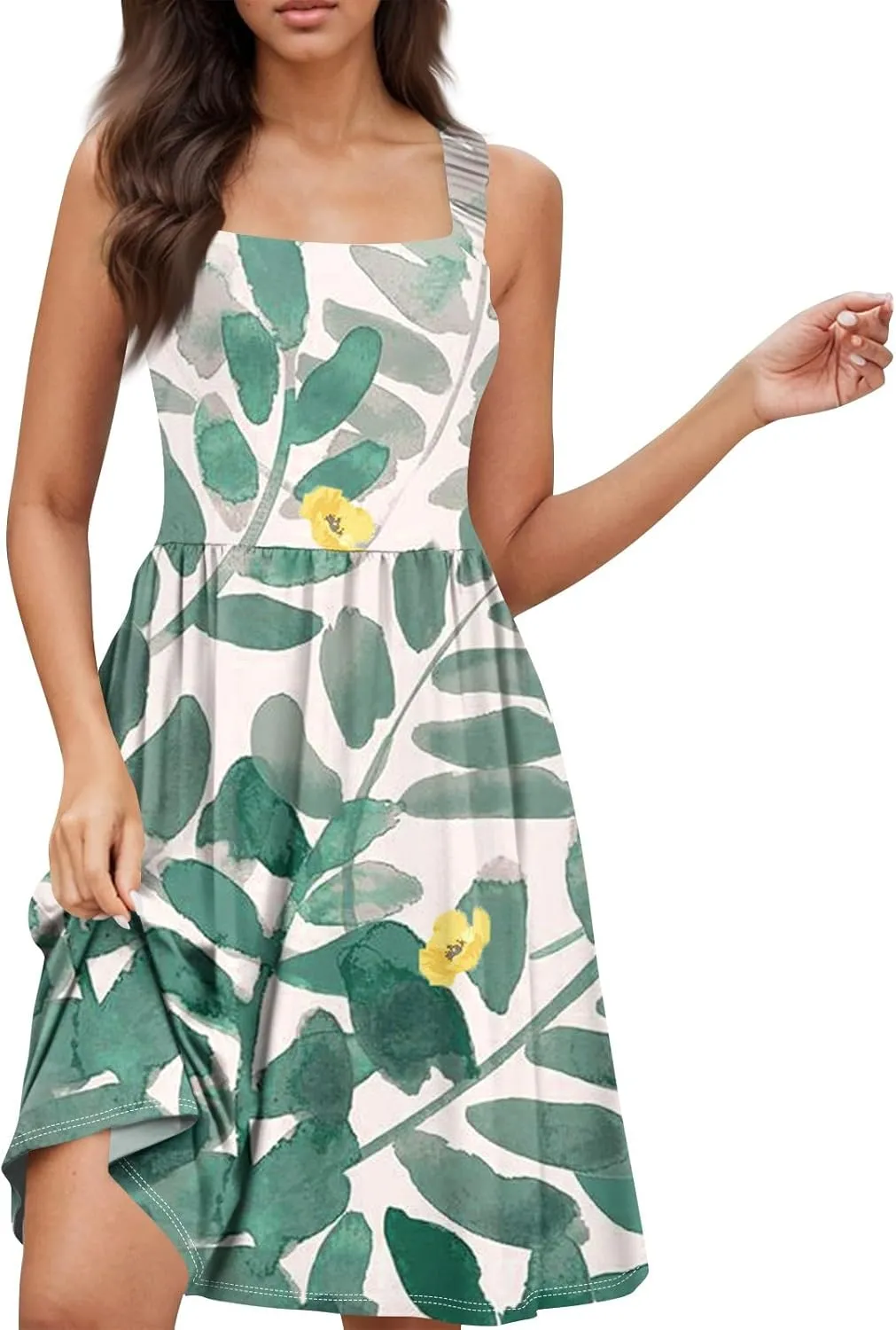 BAXLIMEK Sundresses for Women,2025 Spring Summer Trendy Floral Print Beach Dress,Square Neck Tank Flowy Ruched Boho Dress