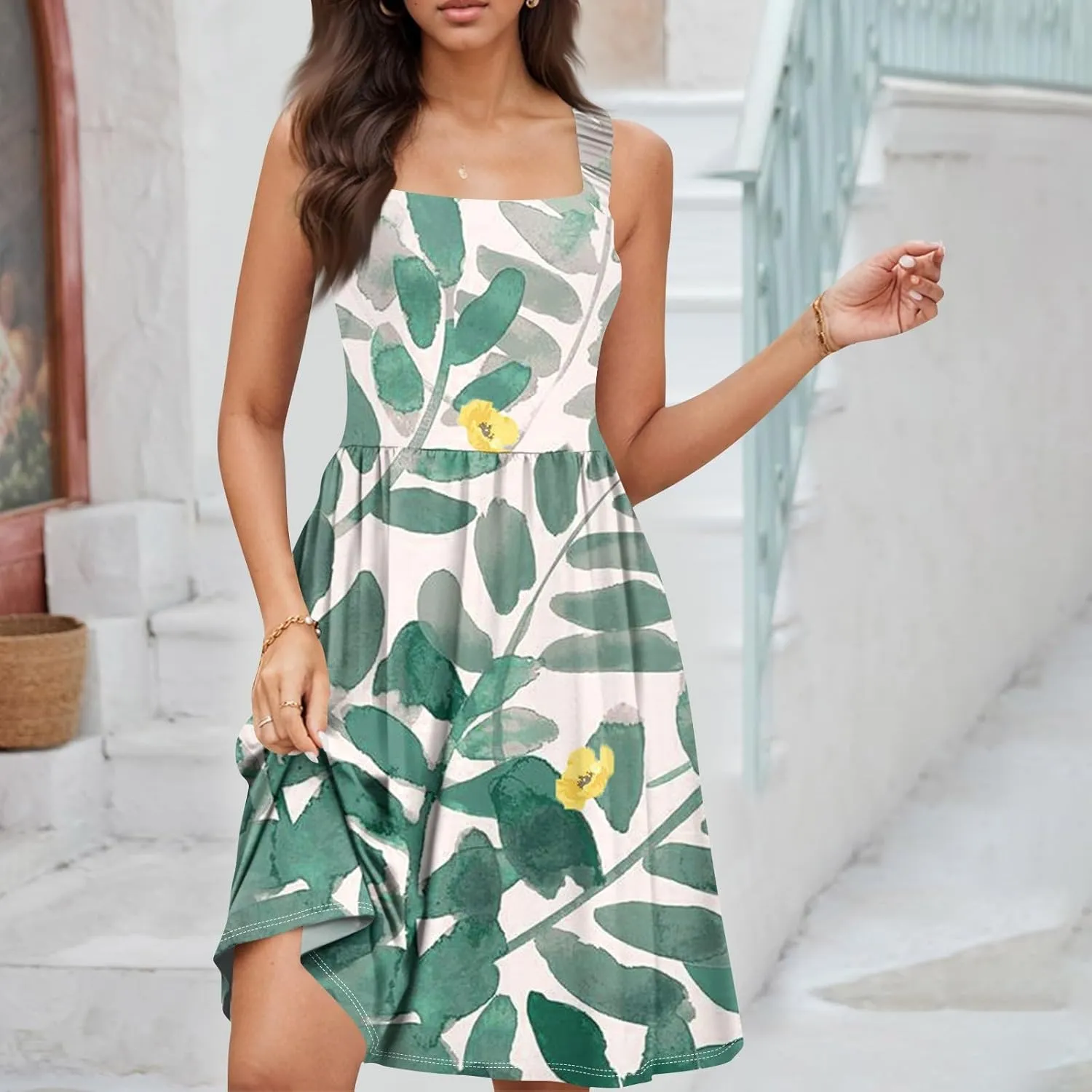 BAXLIMEK Sundresses for Women,2025 Spring Summer Trendy Floral Print Beach Dress,Square Neck Tank Flowy Ruched Boho Dress