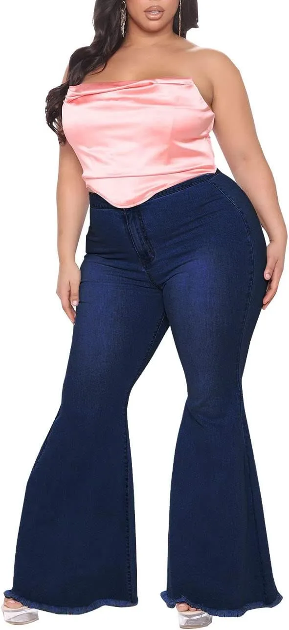 BessCops Plus Size Bell Bottom Jeans for Women Elastic High Waisted Classic Flared Denim Pants