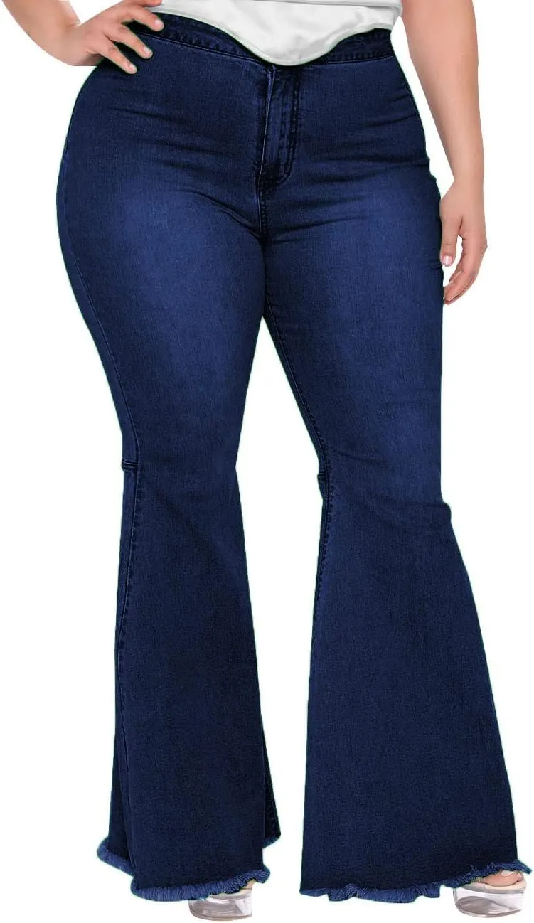 BessCops Plus Size Bell Bottom Jeans for Women Elastic High Waisted Classic Flared Denim Pants