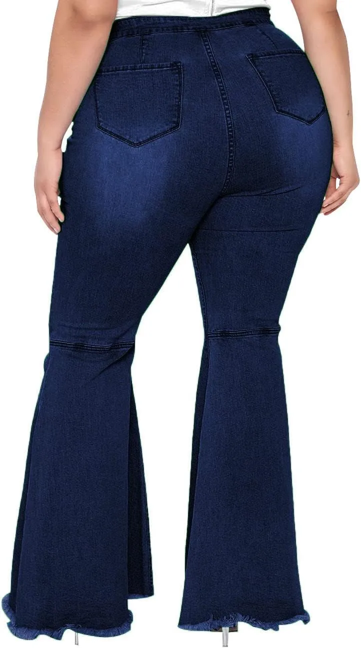 BessCops Plus Size Bell Bottom Jeans for Women Elastic High Waisted Classic Flared Denim Pants