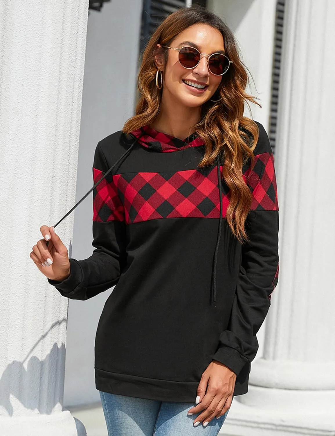 Blooming Jelly Women's Color Block Plaid Shirt Crewneck Sweatshirt Elbow Patches Pullover Sweatshirt Top