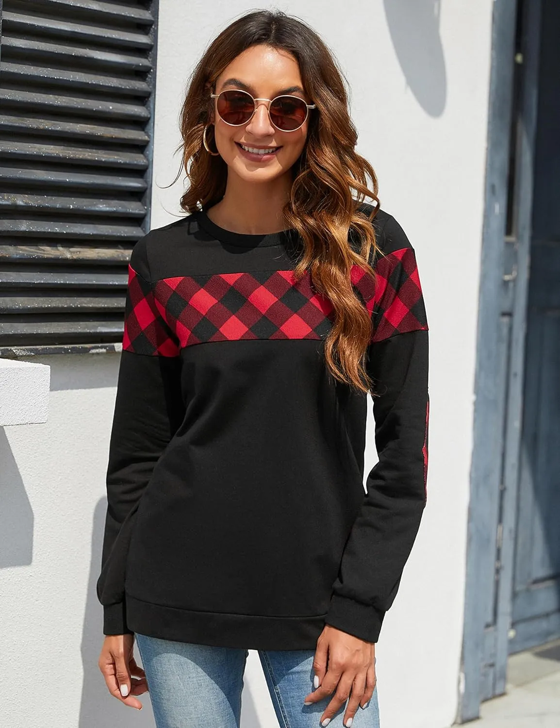 Blooming Jelly Women's Color Block Plaid Shirt Crewneck Sweatshirt Elbow Patches Pullover Sweatshirt Top
