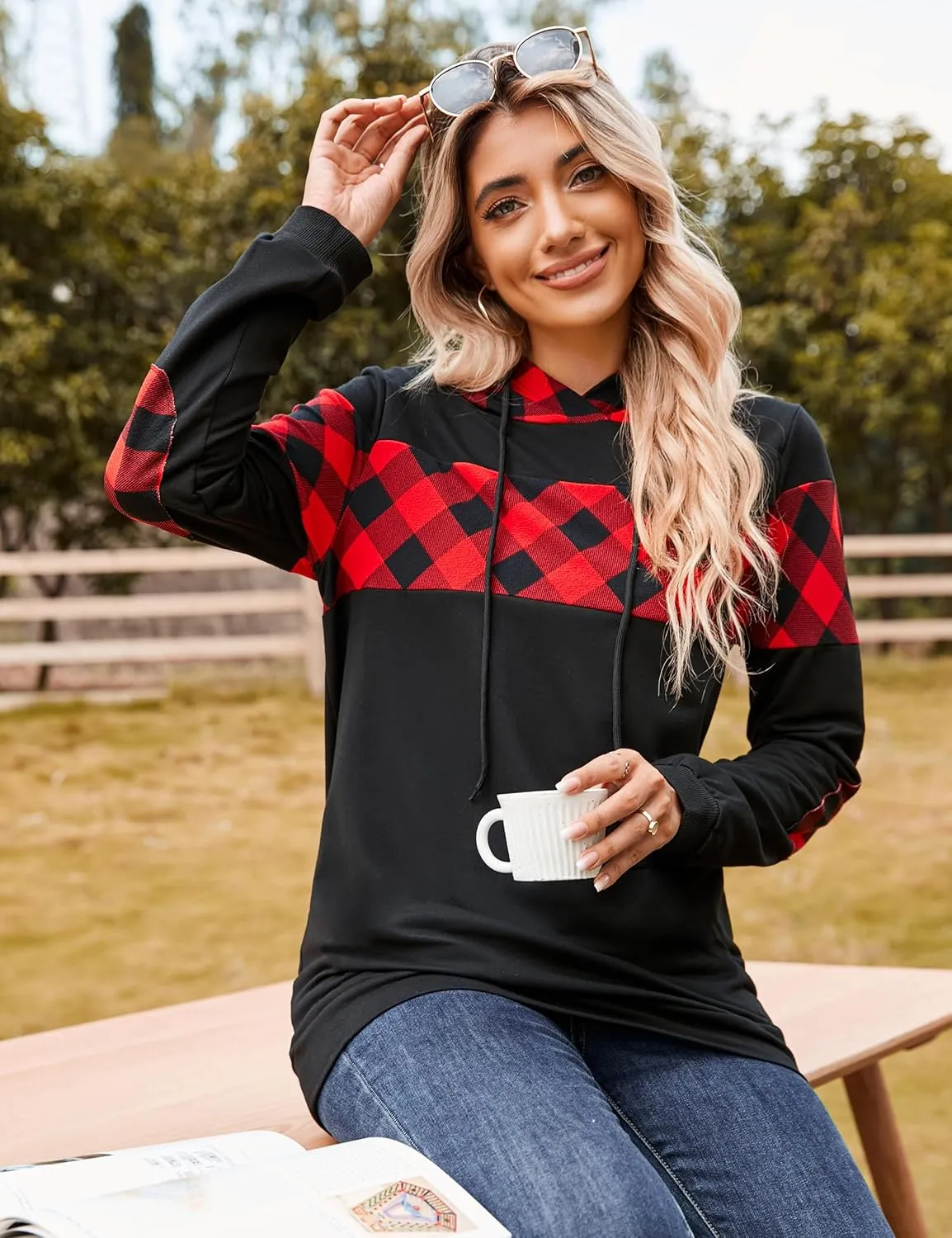 Blooming Jelly Women's Color Block Plaid Shirt Crewneck Sweatshirt Elbow Patches Pullover Sweatshirt Top