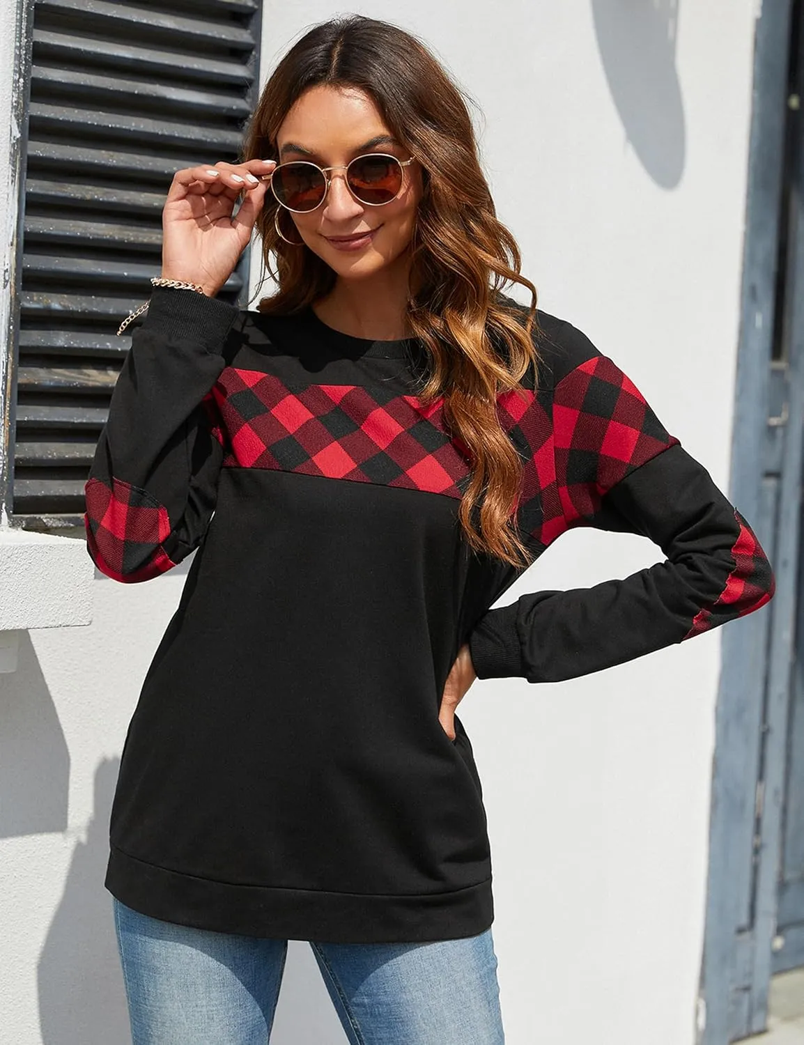 Blooming Jelly Women's Color Block Plaid Shirt Crewneck Sweatshirt Elbow Patches Pullover Sweatshirt Top