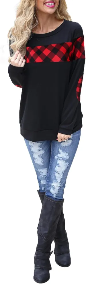 Blooming Jelly Women's Color Block Plaid Shirt Crewneck Sweatshirt Elbow Patches Pullover Sweatshirt Top