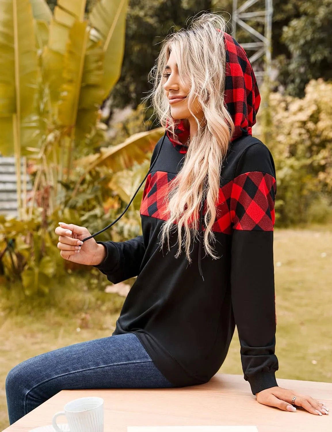 Blooming Jelly Women's Color Block Plaid Shirt Crewneck Sweatshirt Elbow Patches Pullover Sweatshirt Top