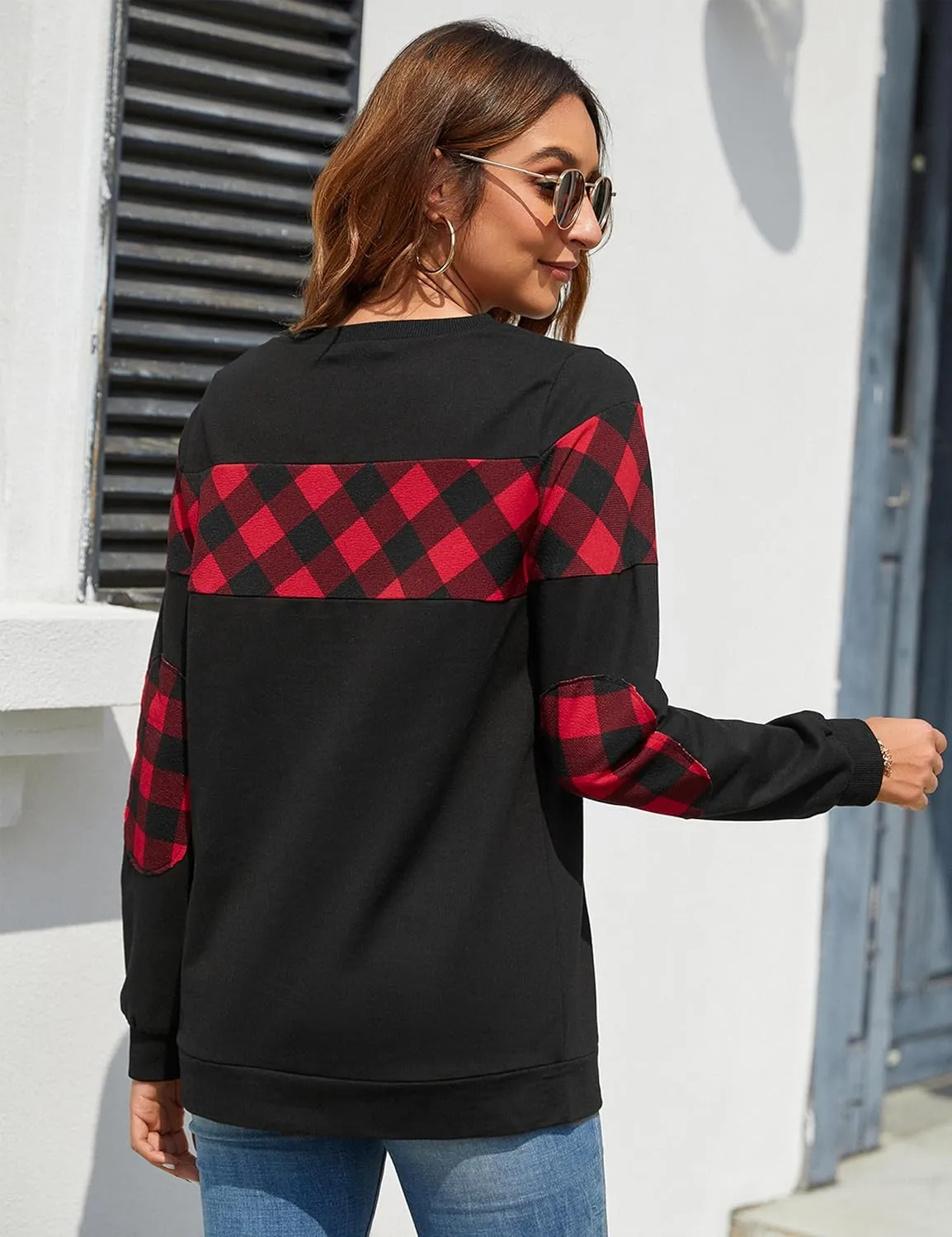 Blooming Jelly Women's Color Block Plaid Shirt Crewneck Sweatshirt Elbow Patches Pullover Sweatshirt Top