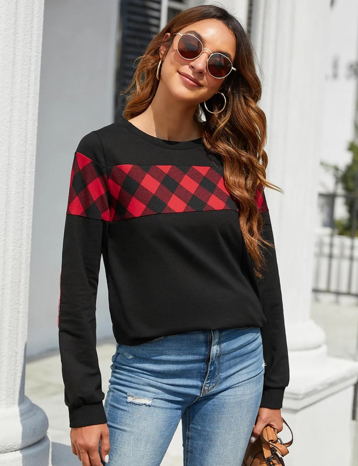 Blooming Jelly Women's Color Block Plaid Shirt Crewneck Sweatshirt Elbow Patches Pullover Sweatshirt Top