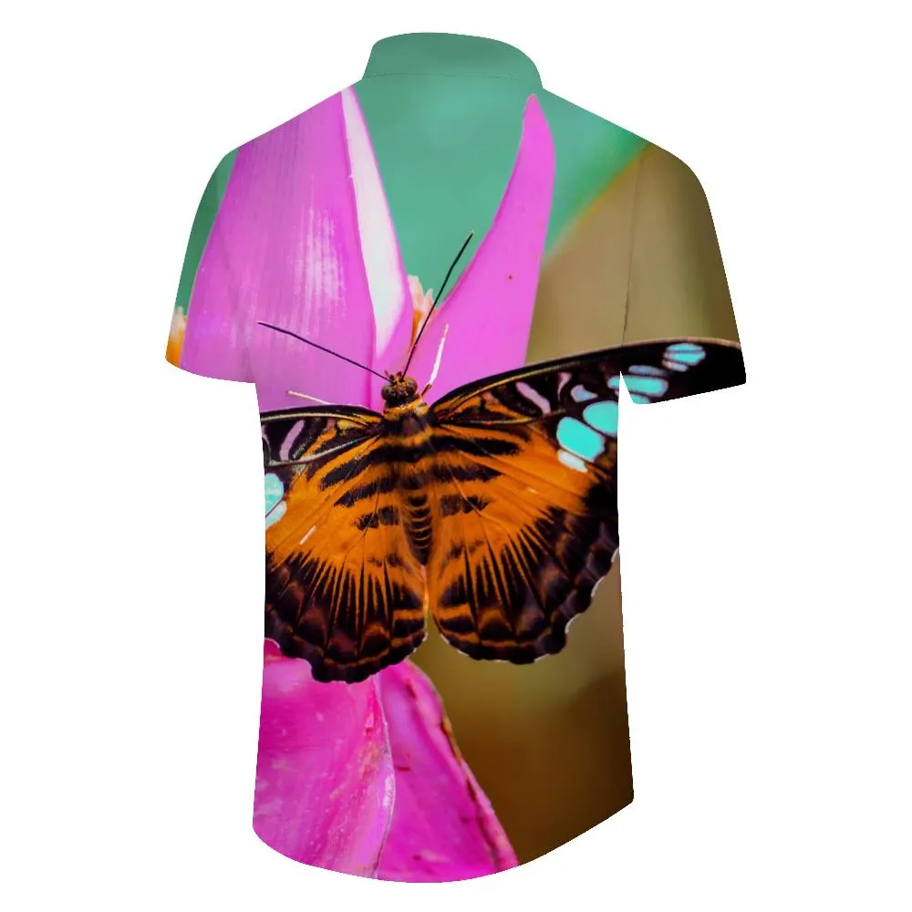 Brown butterfly print Hawaiian shirt trendy tropical summer outfit men's retro beach wear