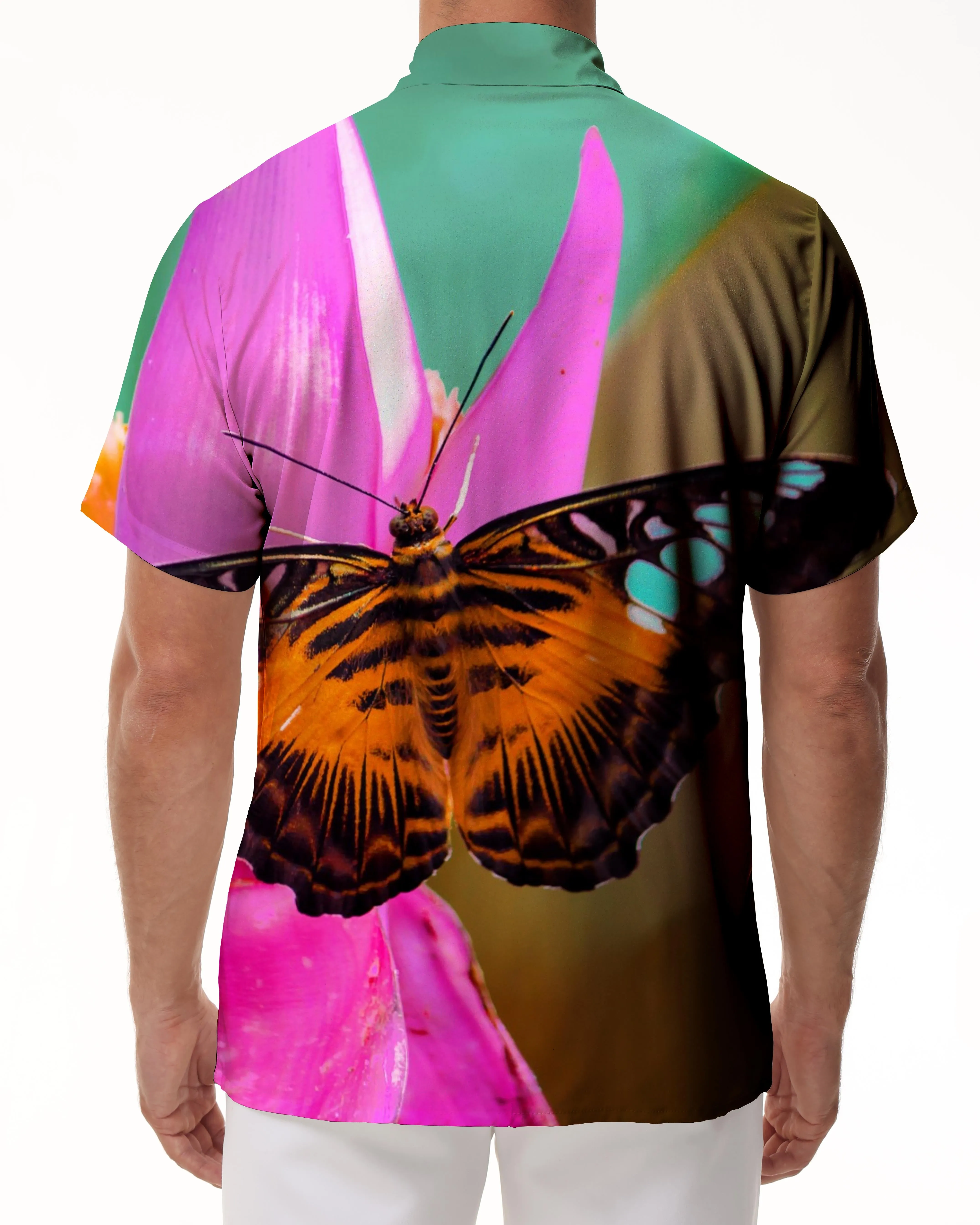 Brown butterfly print Hawaiian shirt trendy tropical summer outfit men's retro beach wear