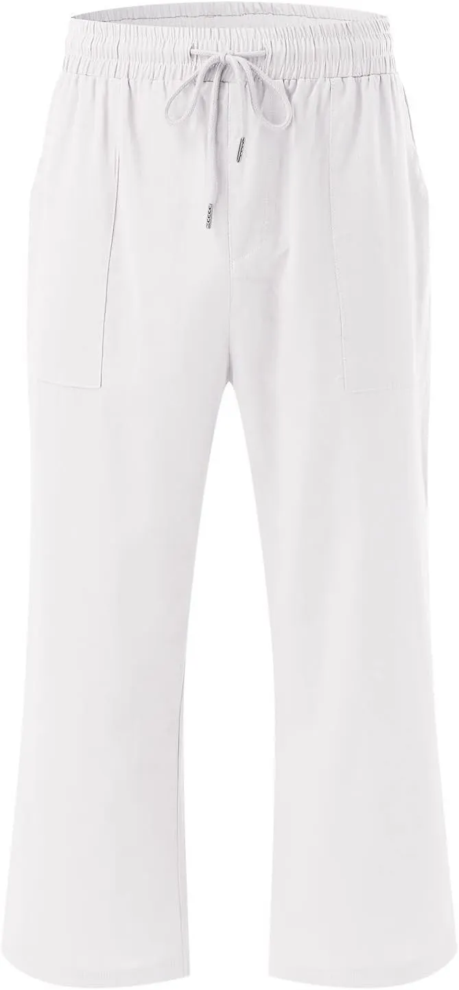 Capri Pants for Women Summer Linen Pants Drawstring Waist Casual Loose Wide Leg Trousers Cropped Slacks with Pockets