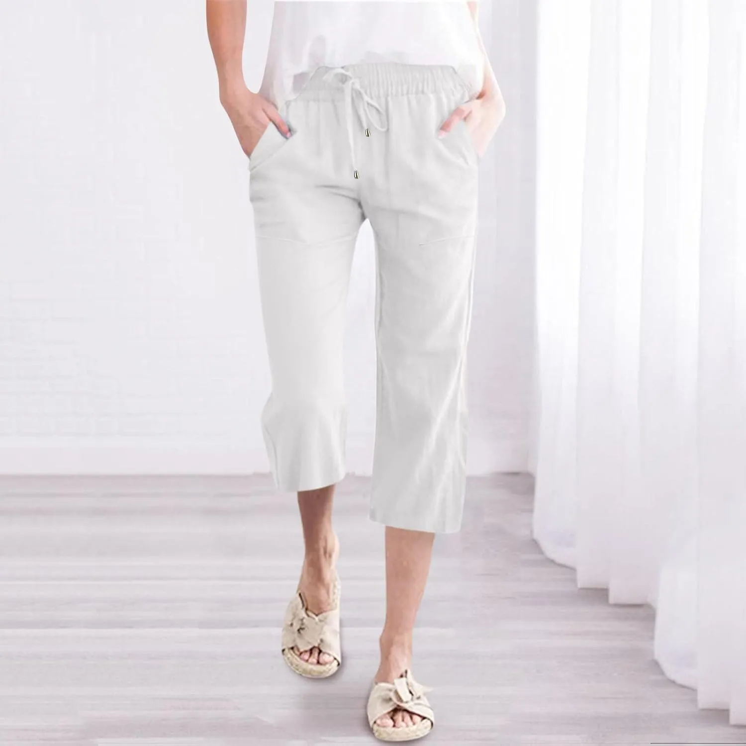 Capri Pants for Women Summer Linen Pants Drawstring Waist Casual Loose Wide Leg Trousers Cropped Slacks with Pockets