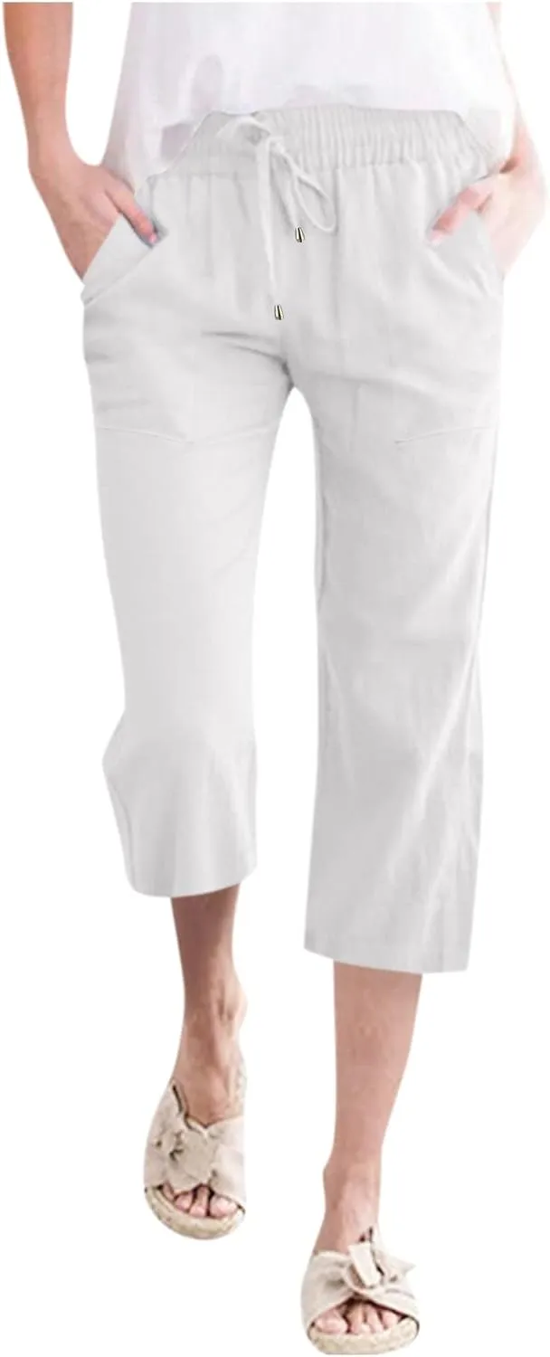 Capri Pants for Women Summer Linen Pants Drawstring Waist Casual Loose Wide Leg Trousers Cropped Slacks with Pockets
