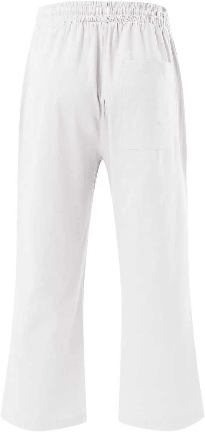 Capri Pants for Women Summer Linen Pants Drawstring Waist Casual Loose Wide Leg Trousers Cropped Slacks with Pockets