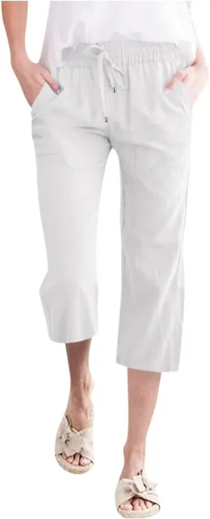 Capri Pants for Women Summer Linen Pants Drawstring Waist Casual Loose Wide Leg Trousers Cropped Slacks with Pockets