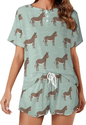 Cartoon Donkey Pajama Set for Women 2 Piece Sleepwear Loungewear Short Sleeve PJ S