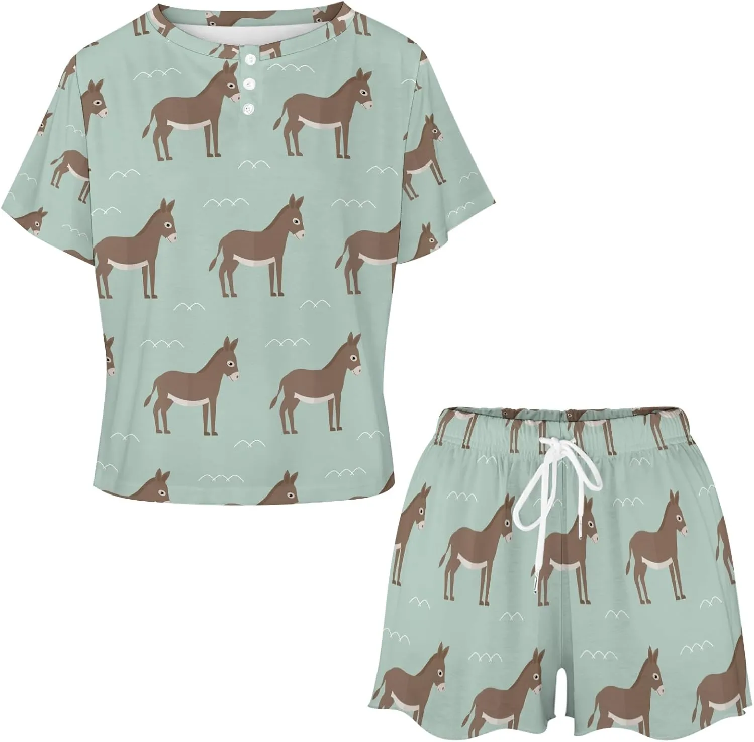 Cartoon Donkey Pajama Set for Women 2 Piece Sleepwear Loungewear Short Sleeve PJ S