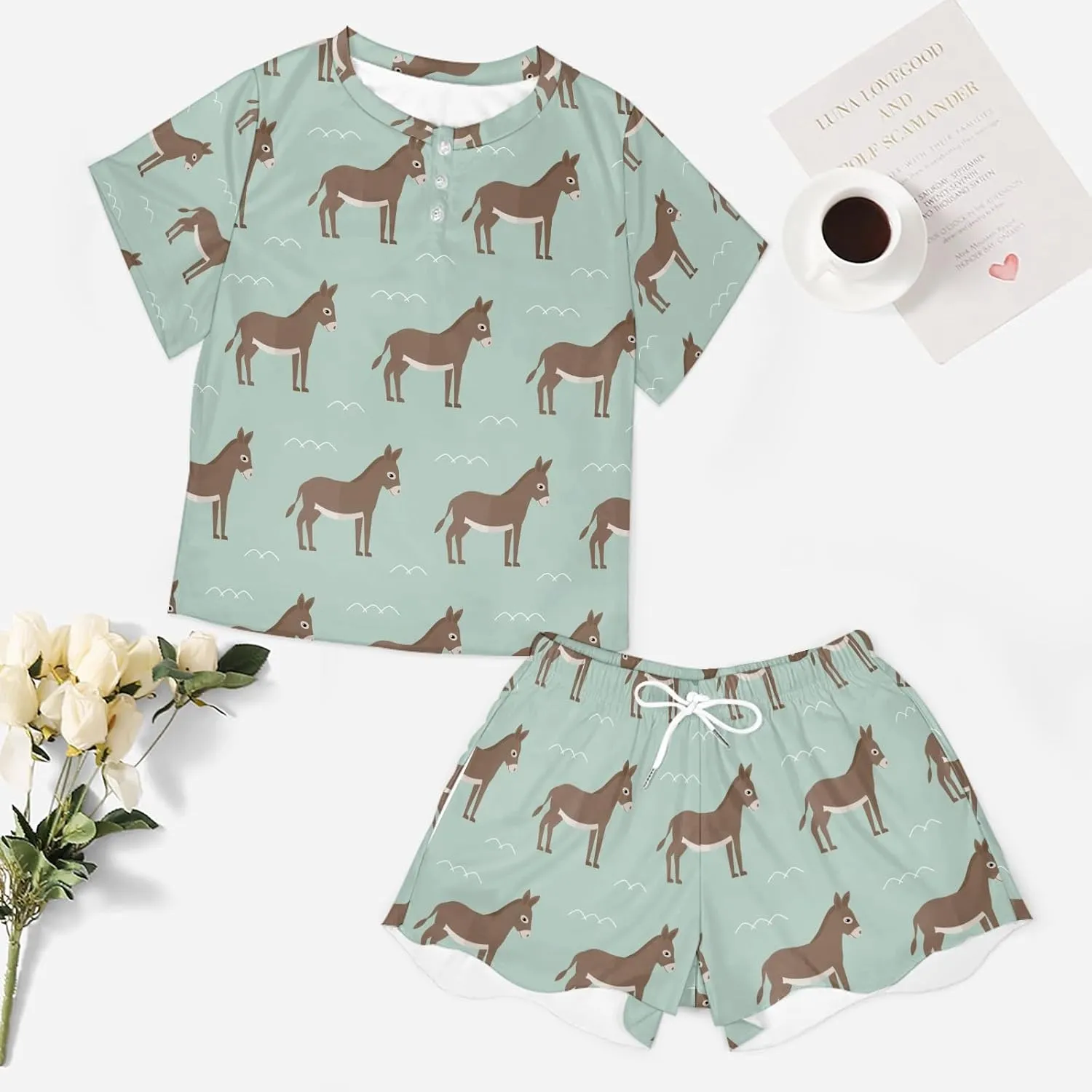 Cartoon Donkey Pajama Set for Women 2 Piece Sleepwear Loungewear Short Sleeve PJ S