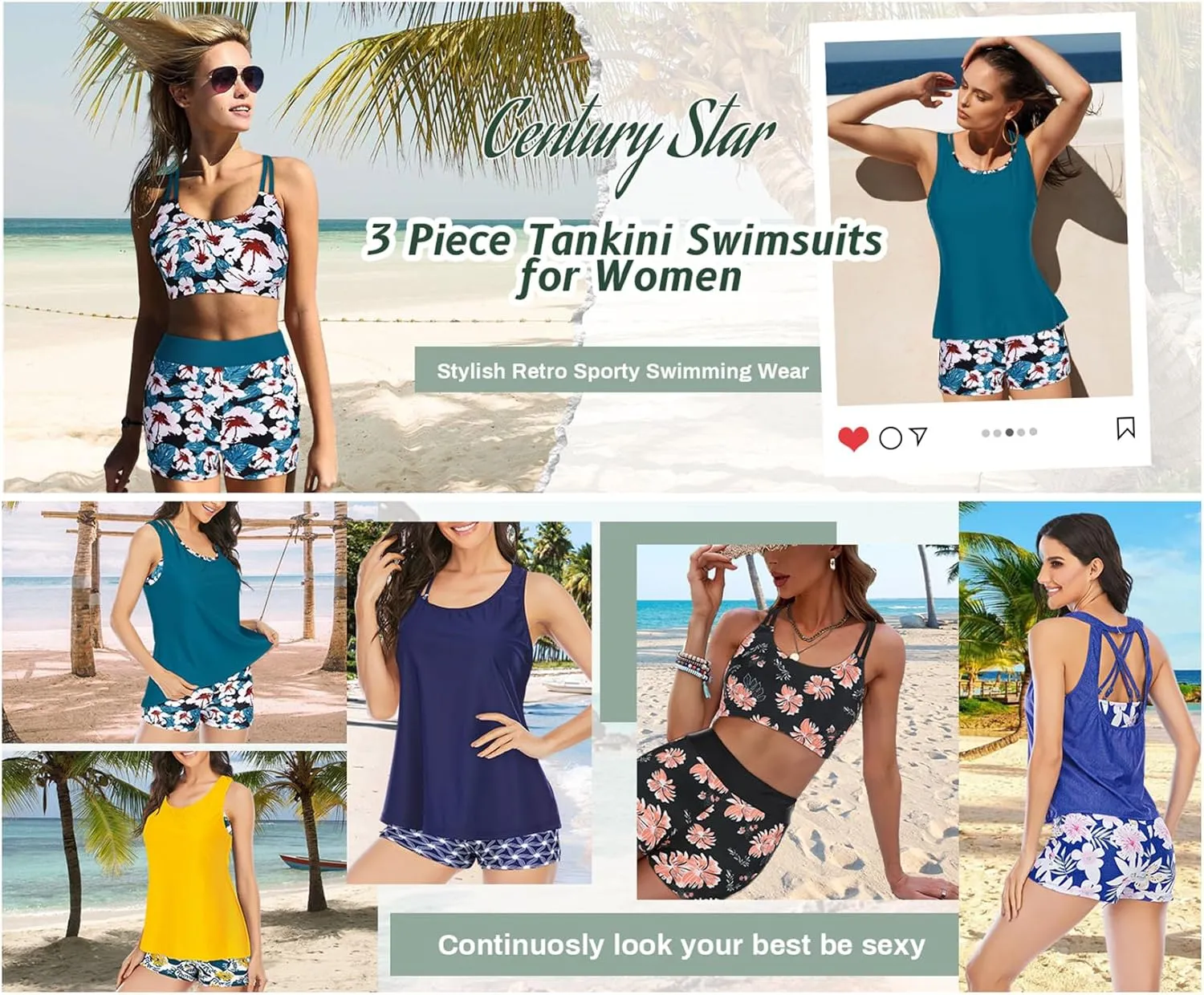 Century Star 3 Piece Tankini Swimsuits for Women 2025 Tummy Control Bathing Suit Tankini Top & Shorts Ladies Swimwear