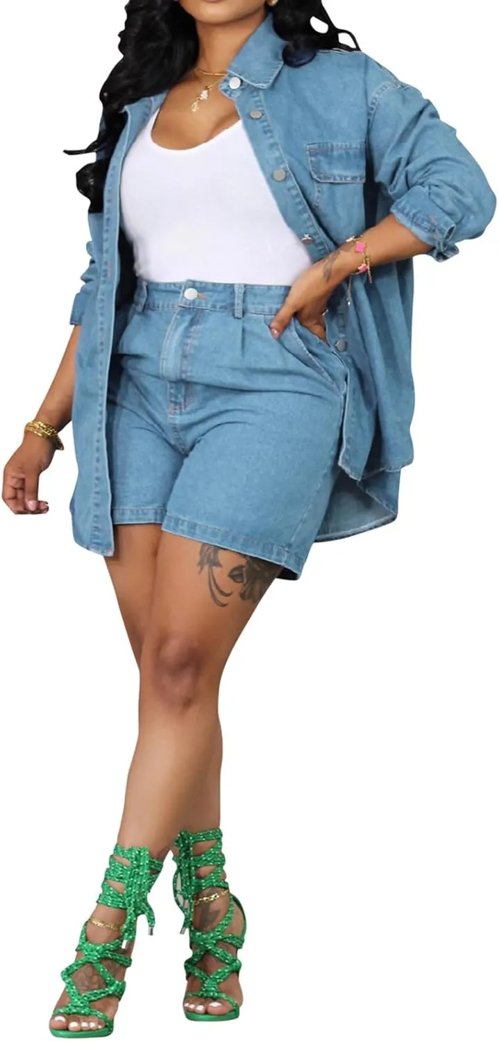 cffvdiz Women's 2 Piece Denim Outfits Long Sleeve Button Down Denim Shirt Jacket and Loose Denim Shorts