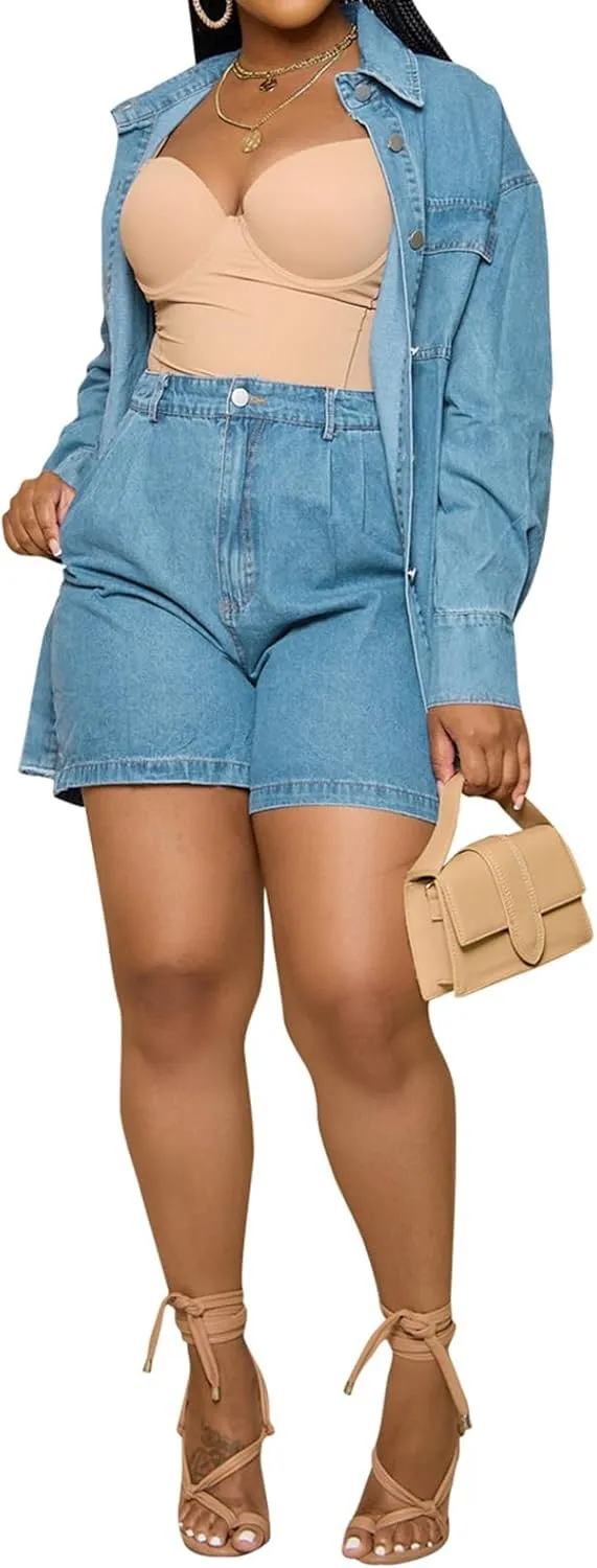 cffvdiz Women's 2 Piece Denim Outfits Long Sleeve Button Down Denim Shirt Jacket and Loose Denim Shorts