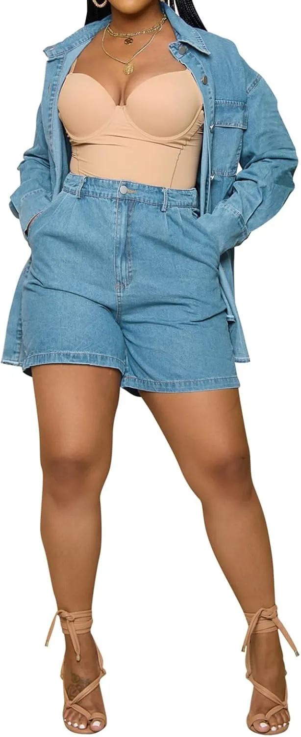 cffvdiz Women's 2 Piece Denim Outfits Long Sleeve Button Down Denim Shirt Jacket and Loose Denim Shorts