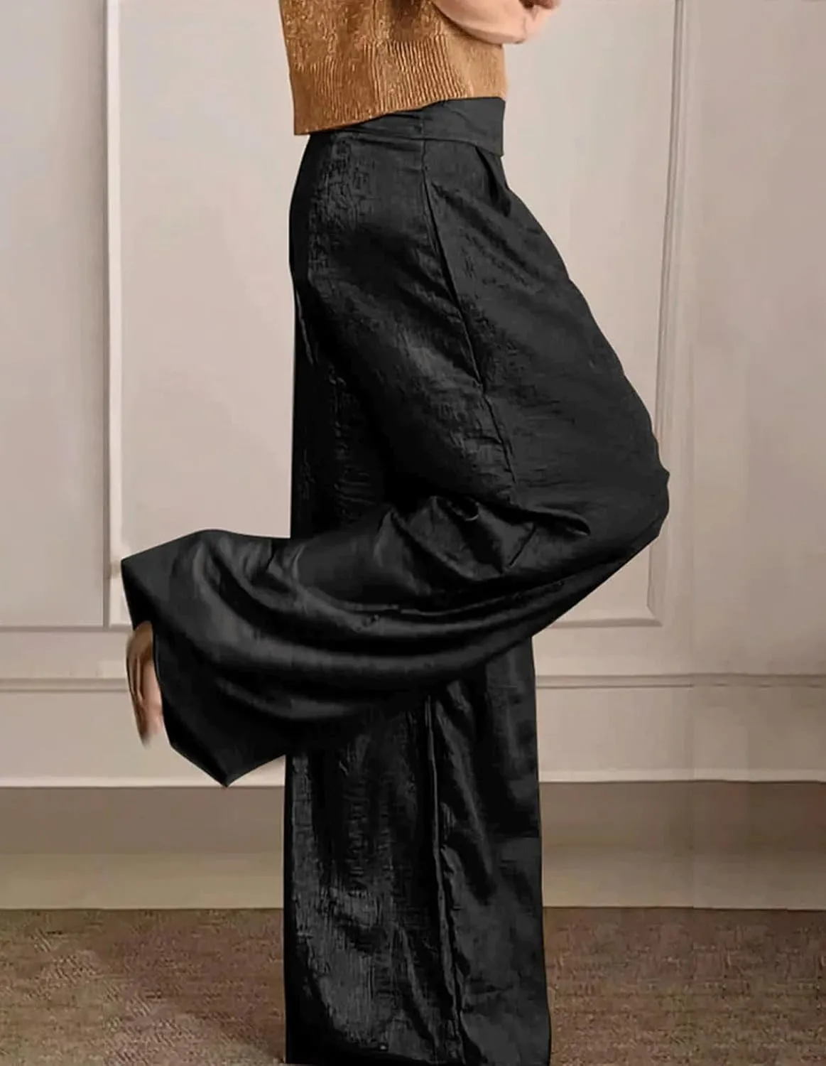 CHARTOU Women's Wide Leg Pants High Waist Straight Long Pant Metallic Patchwork Lounge Trousers with Pockets