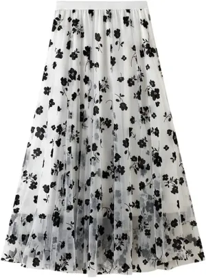 chouyatou Women's Fairy A-Line Pleated Swing Dance Midi Long Floral Tulle Skirt