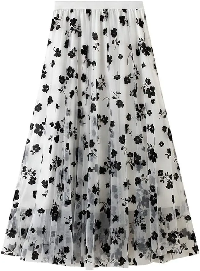 chouyatou Women's Fairy A-Line Pleated Swing Dance Midi Long Floral Tulle Skirt