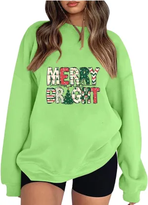 Christmas Sweatshirts for Women Xmas Oversized Crewneck Sweatshirt Cute Green Graphic Long Sleeve Hoodies Fleece Pullover