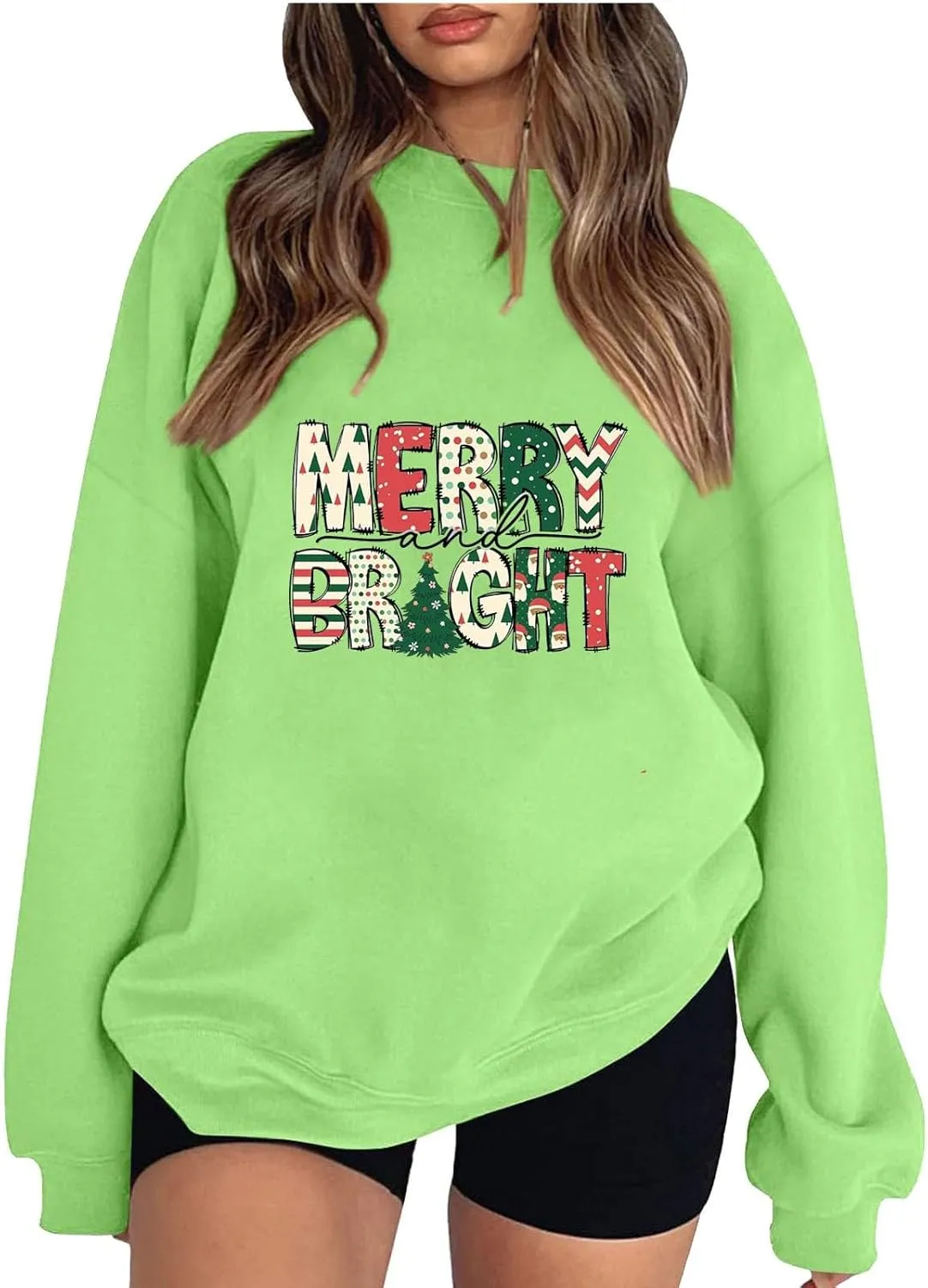 Christmas Sweatshirts for Women Xmas Oversized Crewneck Sweatshirt Cute Green Graphic Long Sleeve Hoodies Fleece Pullover