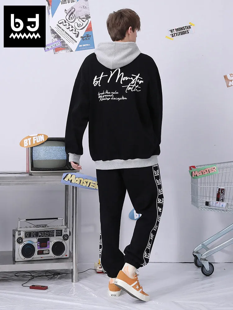 Color patchwork monogram bear print hoodie drop cuff and fleece hoodie