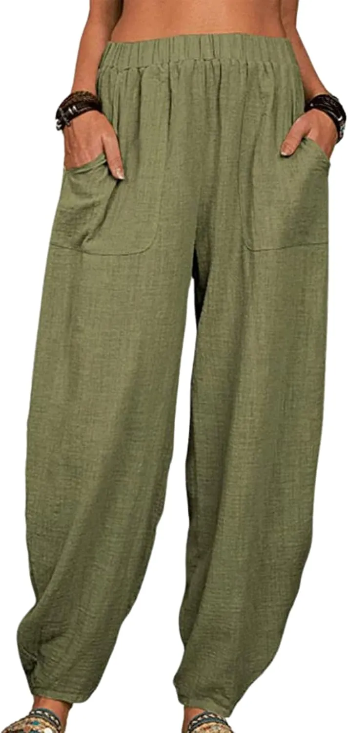 Cotton Linen Elastic Waist Harem Pants for Women Casual High Waist Trousers with Pockets Solid Color Casual Pants