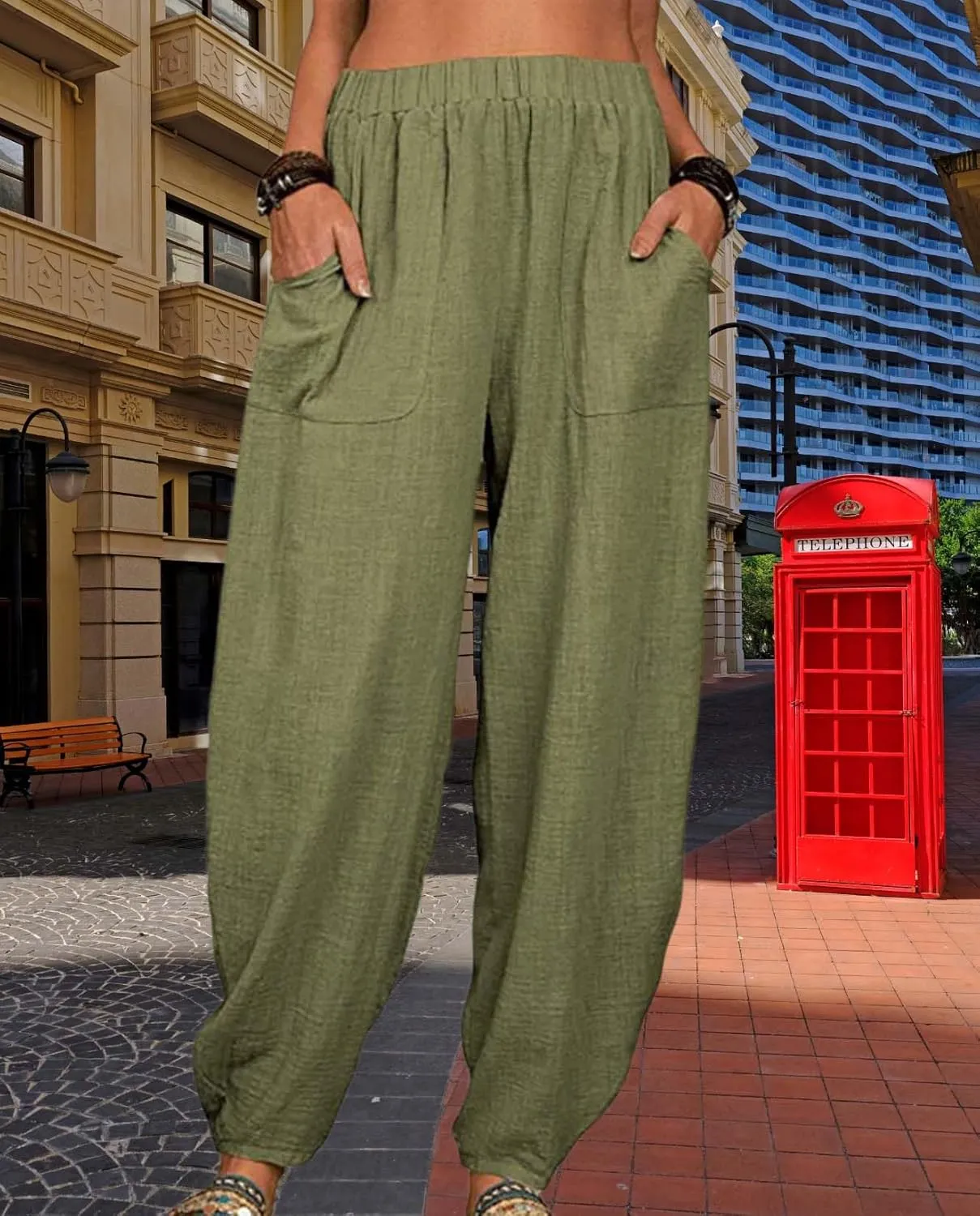 Cotton Linen Elastic Waist Harem Pants for Women Casual High Waist Trousers with Pockets Solid Color Casual Pants