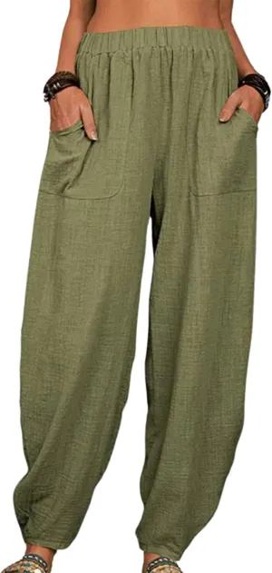 Cotton Linen Elastic Waist Harem Pants for Women Casual High Waist Trousers with Pockets Solid Color Casual Pants