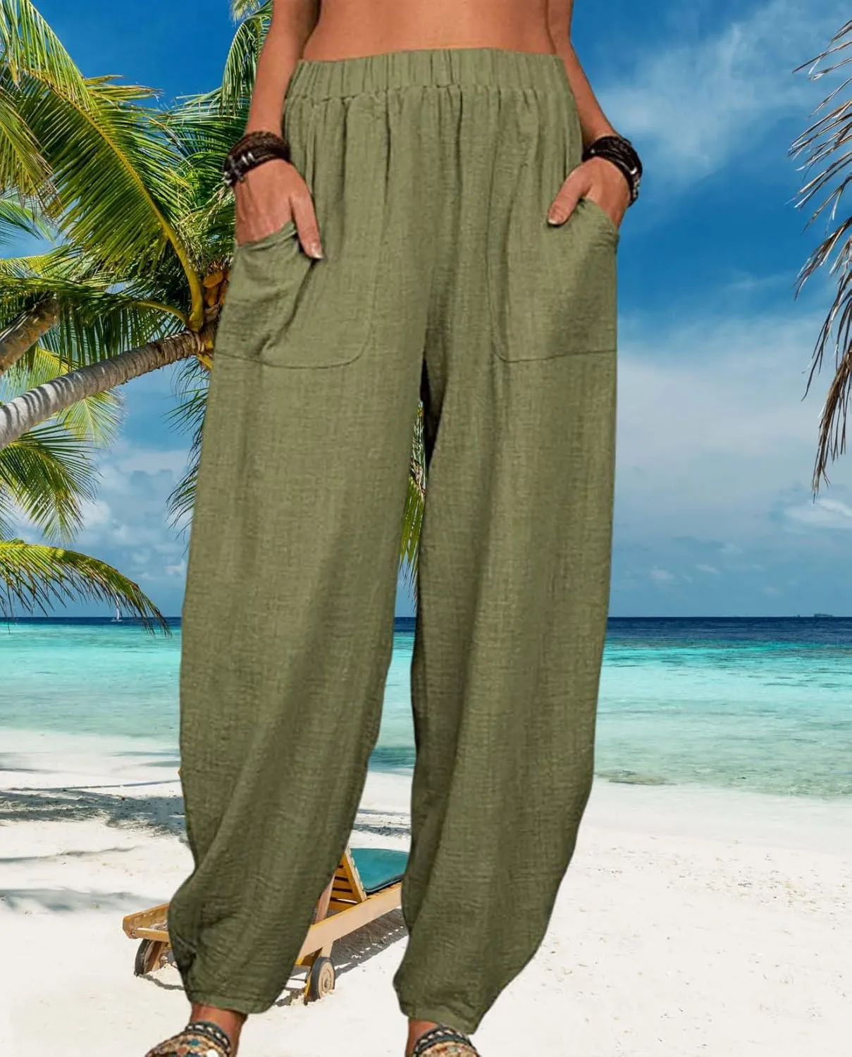 Cotton Linen Elastic Waist Harem Pants for Women Casual High Waist Trousers with Pockets Solid Color Casual Pants