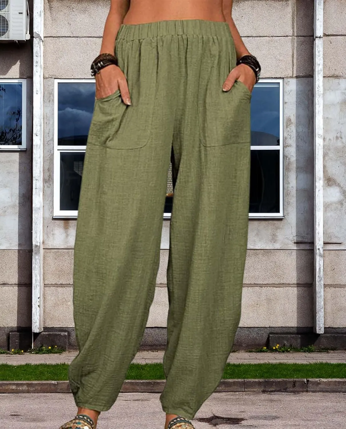 Cotton Linen Elastic Waist Harem Pants for Women Casual High Waist Trousers with Pockets Solid Color Casual Pants
