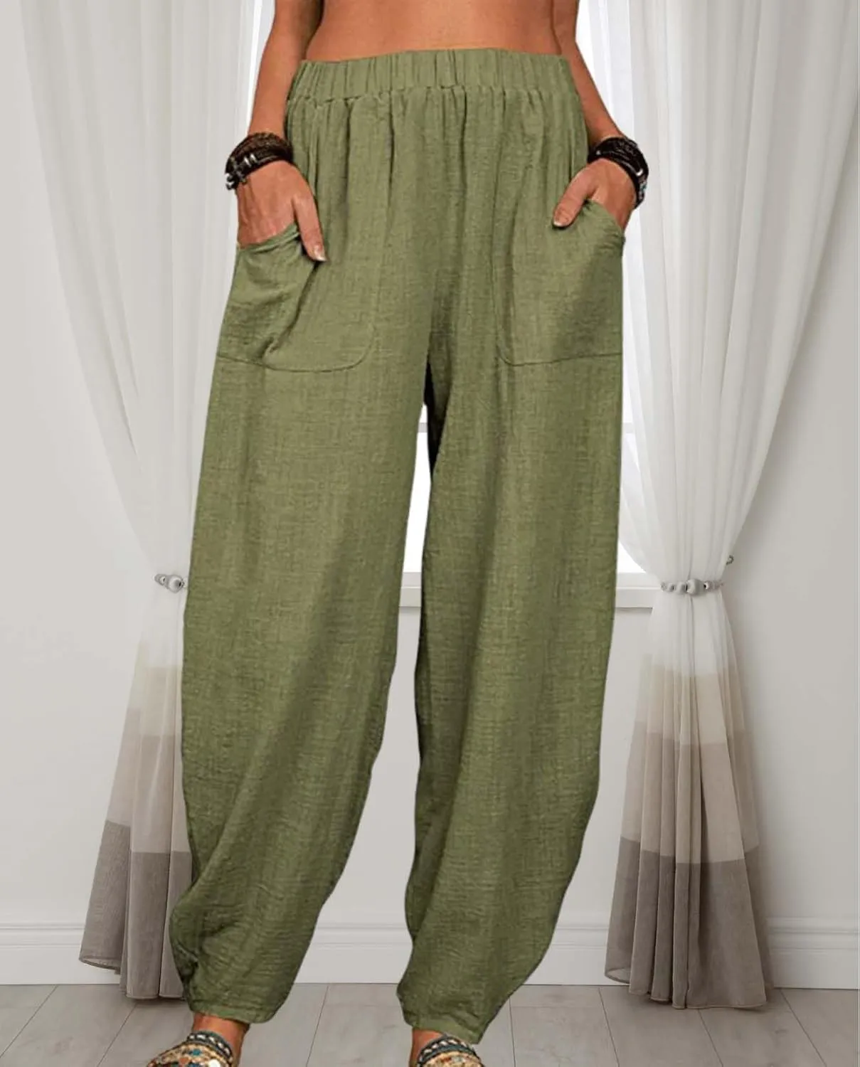 Cotton Linen Elastic Waist Harem Pants for Women Casual High Waist Trousers with Pockets Solid Color Casual Pants