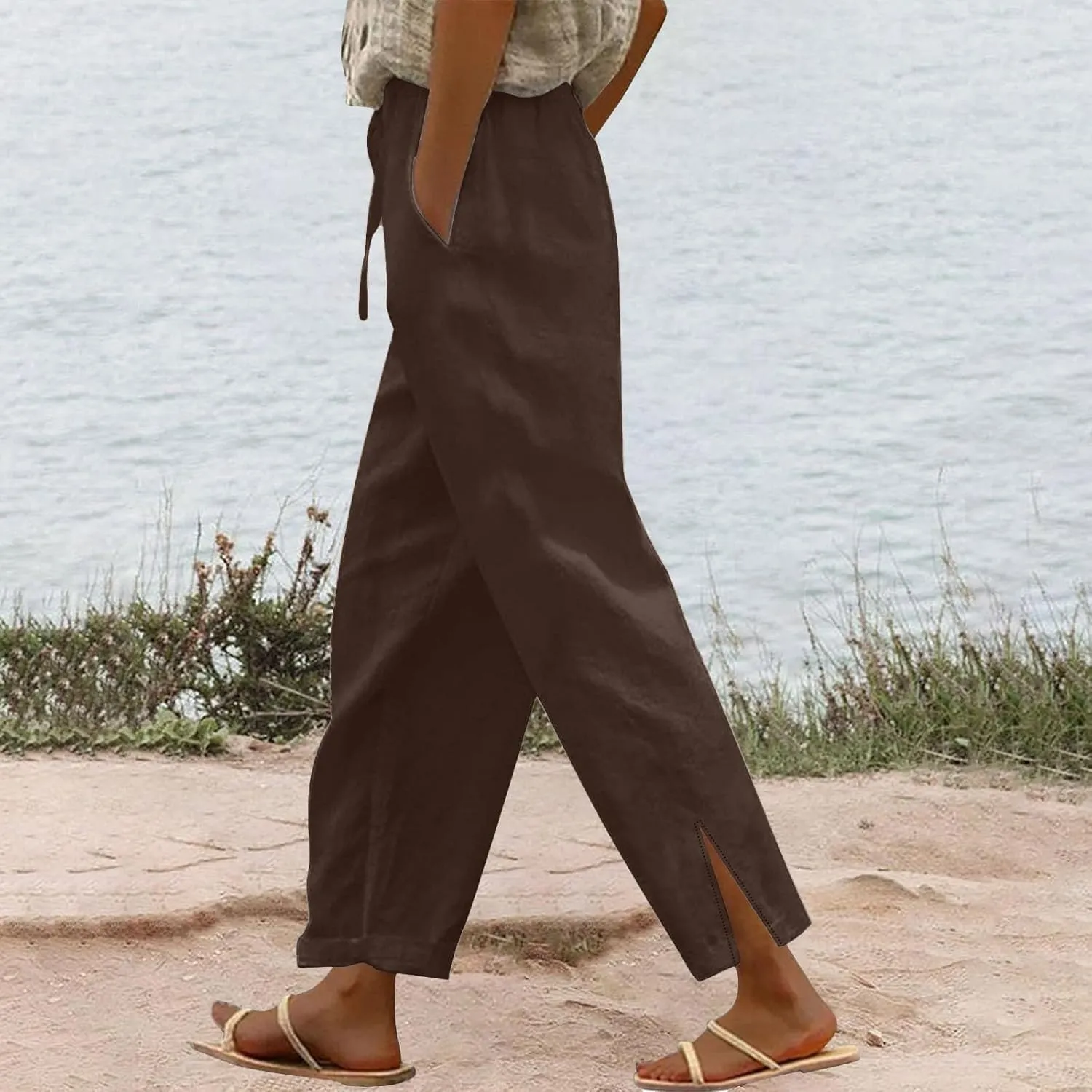 Cotton Linen Pants for Women 2025 Summer Gauze Drawstring High Waisted Wide Leg Trousers Beach Vacation Clothes