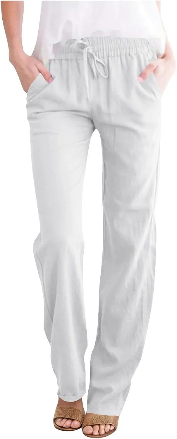 Cotton Linen Pants for Women Casual Summer Wide Leg Pants Drawstring High Waist Straight Leg Trousers with Pockets