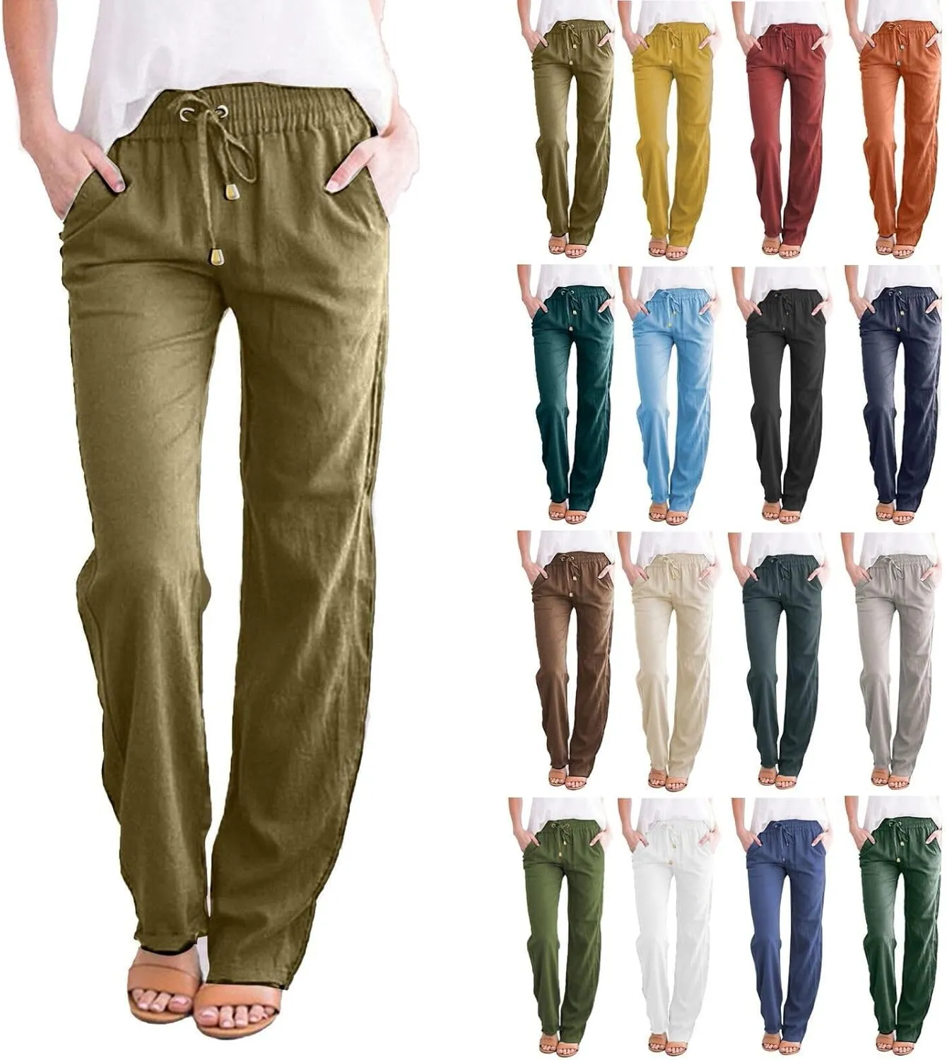 Cotton Linen Pants Womens Casual Long Trousers Lightweight High Waist Summer Pant Straight Leg Trouser Drawstring