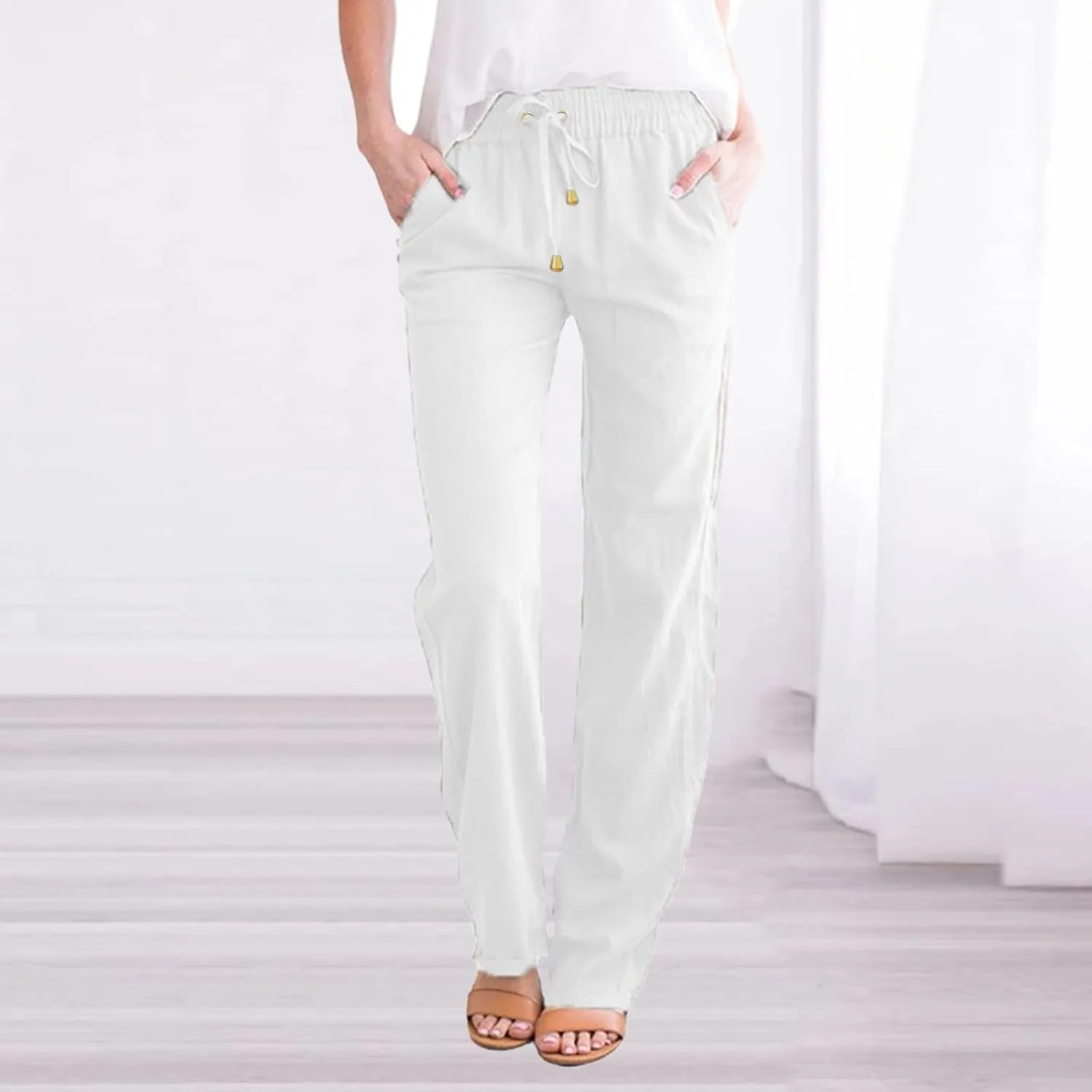 Cotton Linen Pants Womens Casual Long Trousers Lightweight High Waist Summer Pant Straight Leg Trouser Drawstring